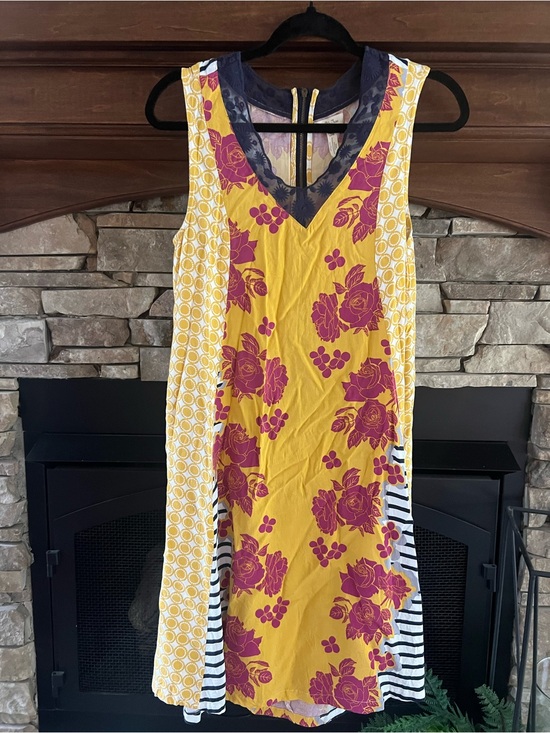 Matilda Jane Dresses & Skirts - Matilda Jane Yellow Midi Dress with Magenta Floral and Navy Trim